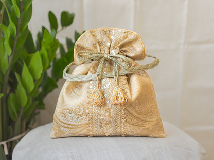 Chikoo Golden Banarasi Potli With Sequin Lace & Glass Tassels