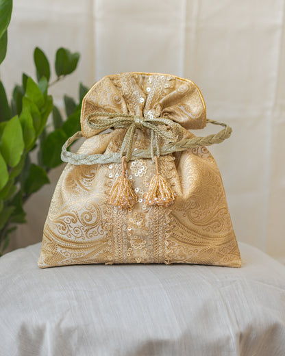 Chikoo Golden Banarasi Potli With Sequin Lace & Glass Tassels