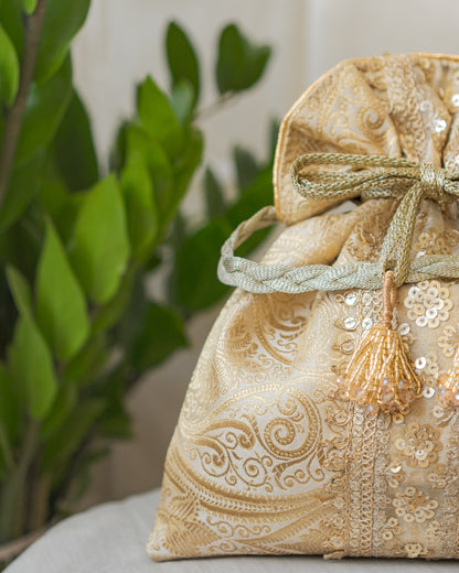 Chikoo Golden Banarasi Potli With Sequin Lace & Glass Tassels