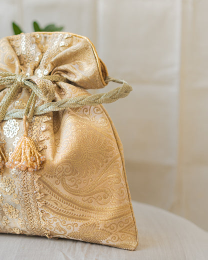 Chikoo Golden Banarasi Potli With Sequin Lace & Glass Tassels