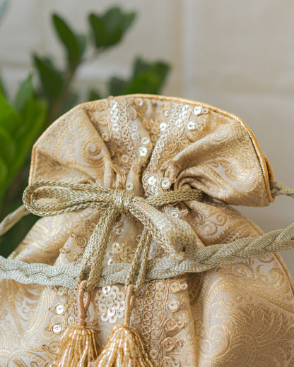 Chikoo Golden Banarasi Potli With Sequin Lace & Glass Tassels