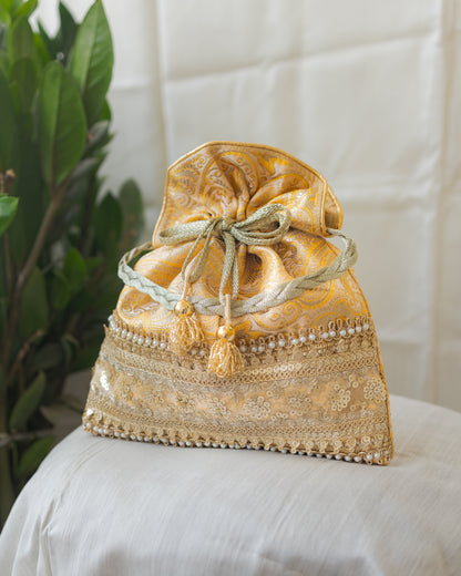 Light Yellow & Golden Banarasi Potli With Broad Sequin Pearl Lacework