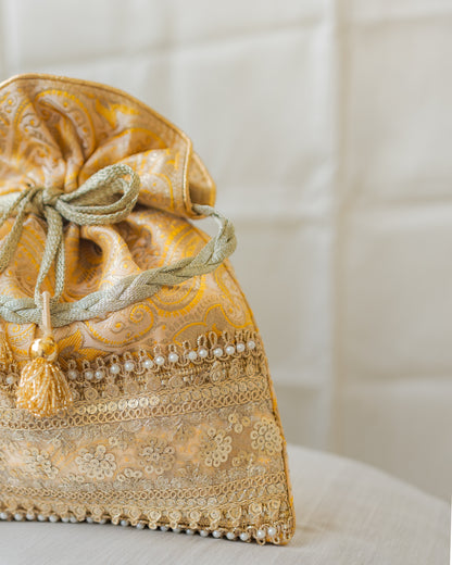 Light Yellow & Golden Banarasi Potli With Broad Sequin Pearl Lacework