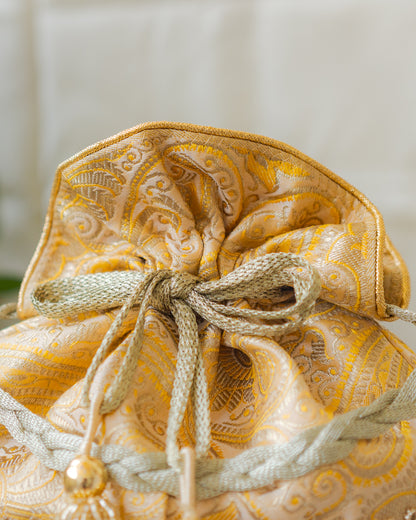 Light Yellow & Golden Banarasi Potli With Broad Sequin Pearl Lacework