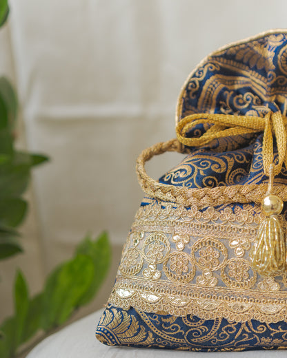 Navy Blue & Golden Banarasi Potli With Golden Broad Lace