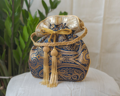 Navy Blue & Golden Banarasi Potli With Glass Tassels