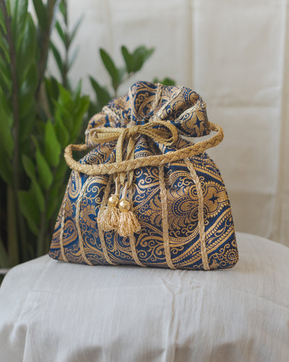 Navy Blue & Golden Banarasi Potli With Glass Tassels