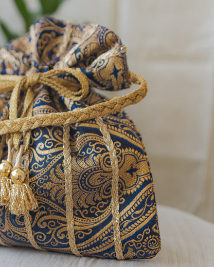 Navy Blue & Golden Banarasi Potli With Glass Tassels