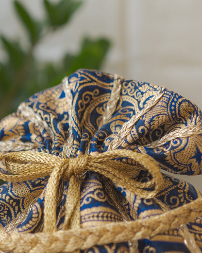 Navy Blue & Golden Banarasi Potli With Glass Tassels