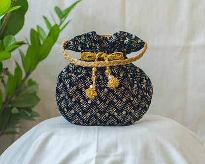 Navy Blue & Golden Velvet Potli