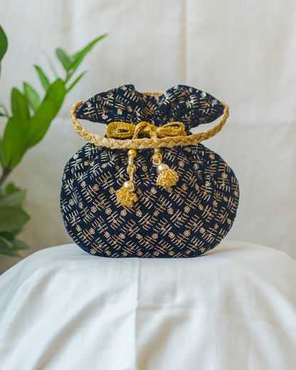 Navy Blue & Golden Velvet Potli