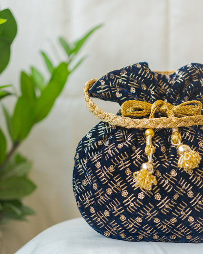 Navy Blue & Golden Velvet Potli