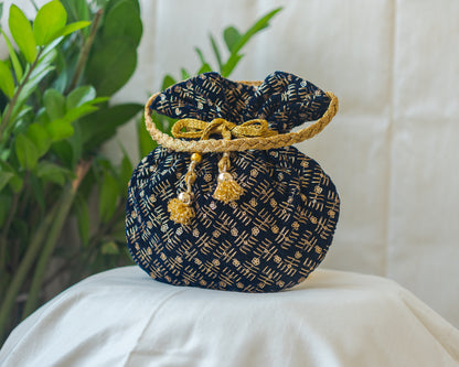 Navy Blue & Golden Velvet Potli