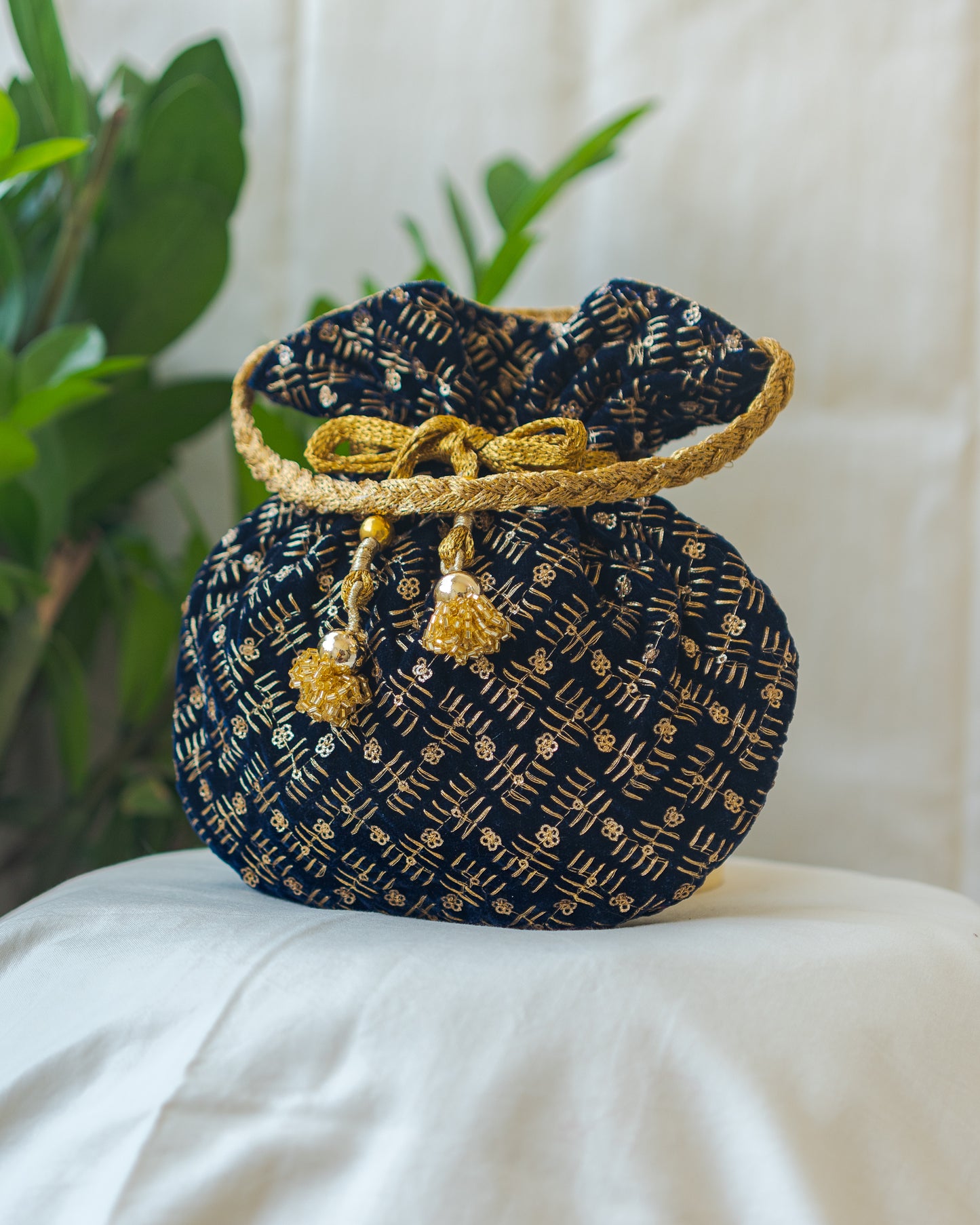 Navy Blue & Golden Velvet Potli