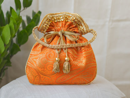 Pumpkin Orange & Golden Banarasi Potli With Glass Tassels