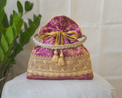 Purple & Golden Banarasi Potli With Golden Broad Lace