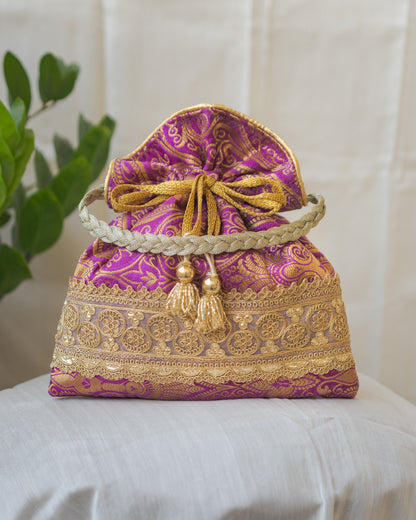Purple & Golden Banarasi Potli With Golden Broad Lace