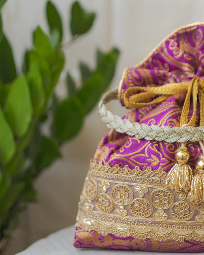 Purple & Golden Banarasi Potli With Golden Broad Lace