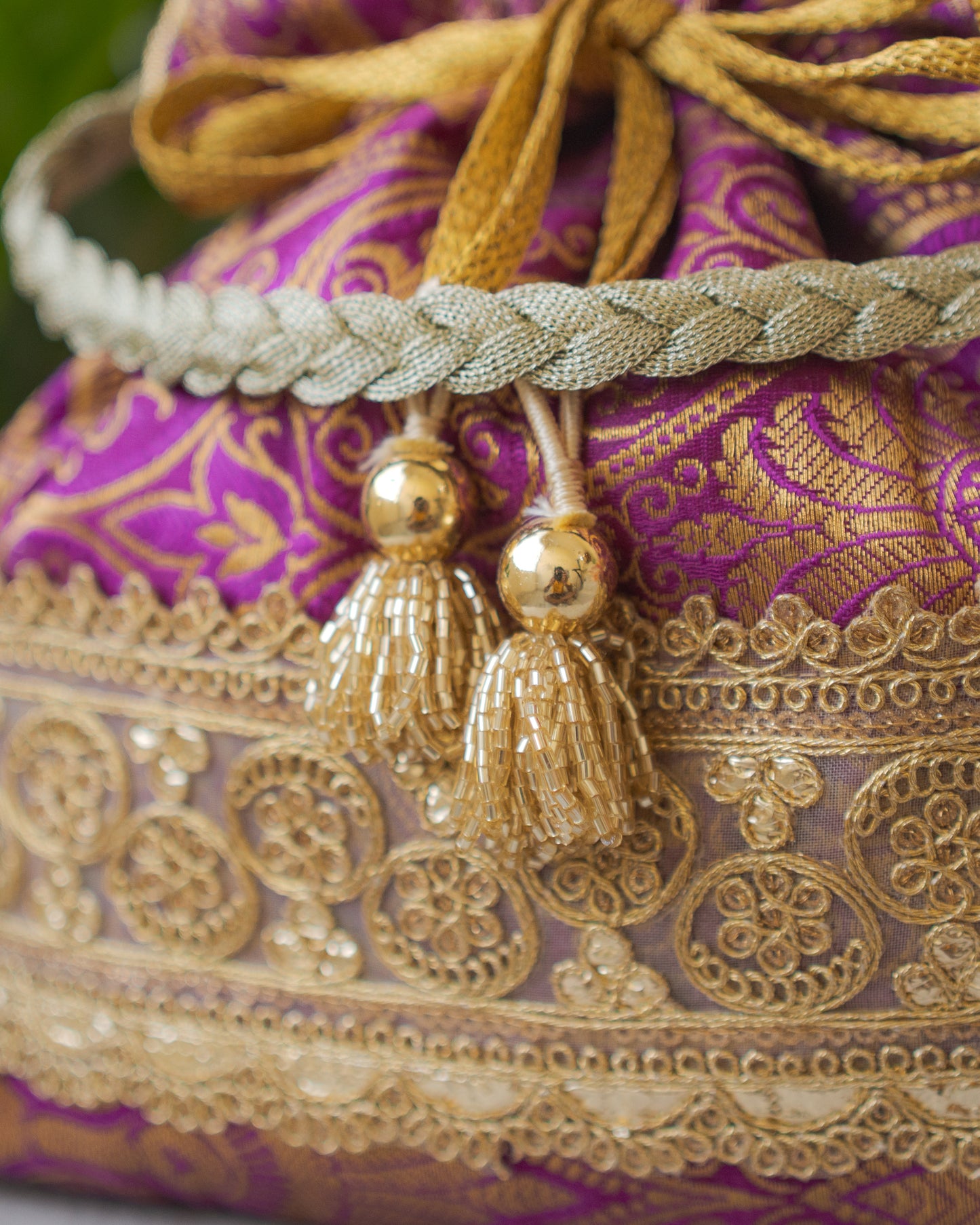 Purple & Golden Banarasi Potli With Golden Broad Lace