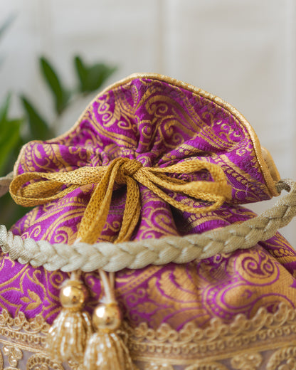 Purple & Golden Banarasi Potli With Golden Broad Lace