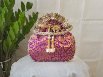 Purple & Golden Banarasi Potli With Pearl Tassels