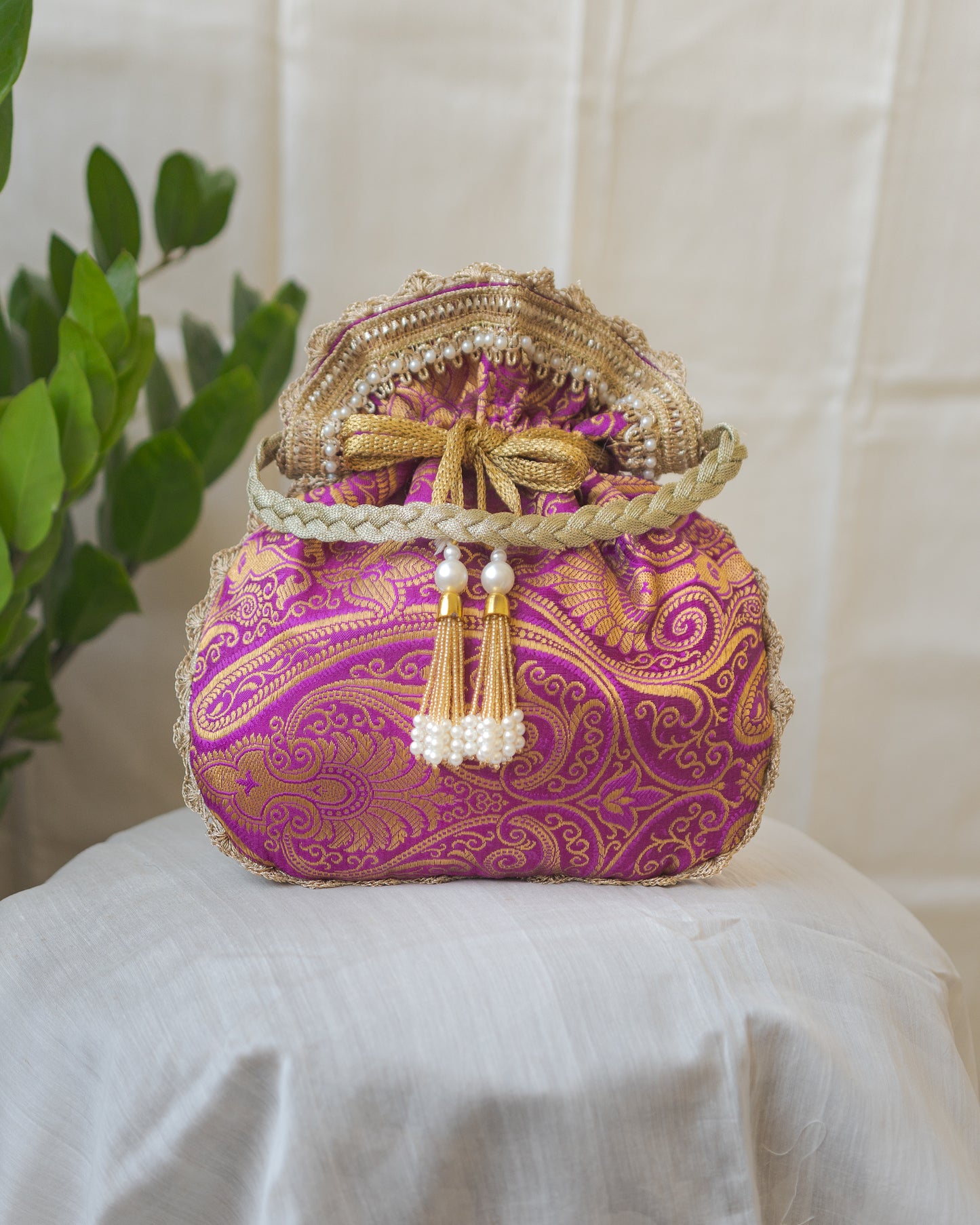 Purple & Golden Banarasi Potli With Pearl Tassels