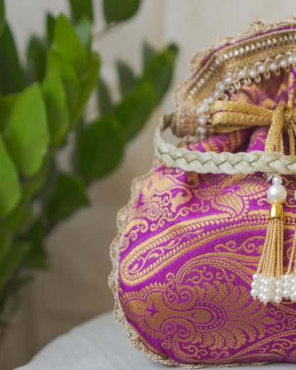 Purple & Golden Banarasi Potli With Pearl Tassels