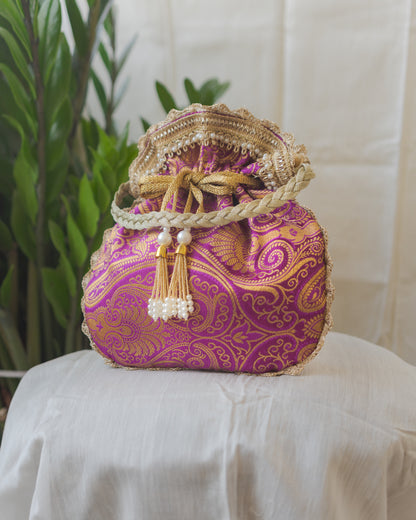 Purple & Golden Banarasi Potli With Pearl Tassels