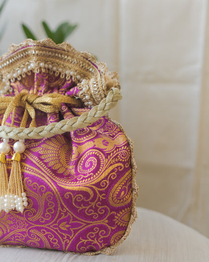 Purple & Golden Banarasi Potli With Pearl Tassels