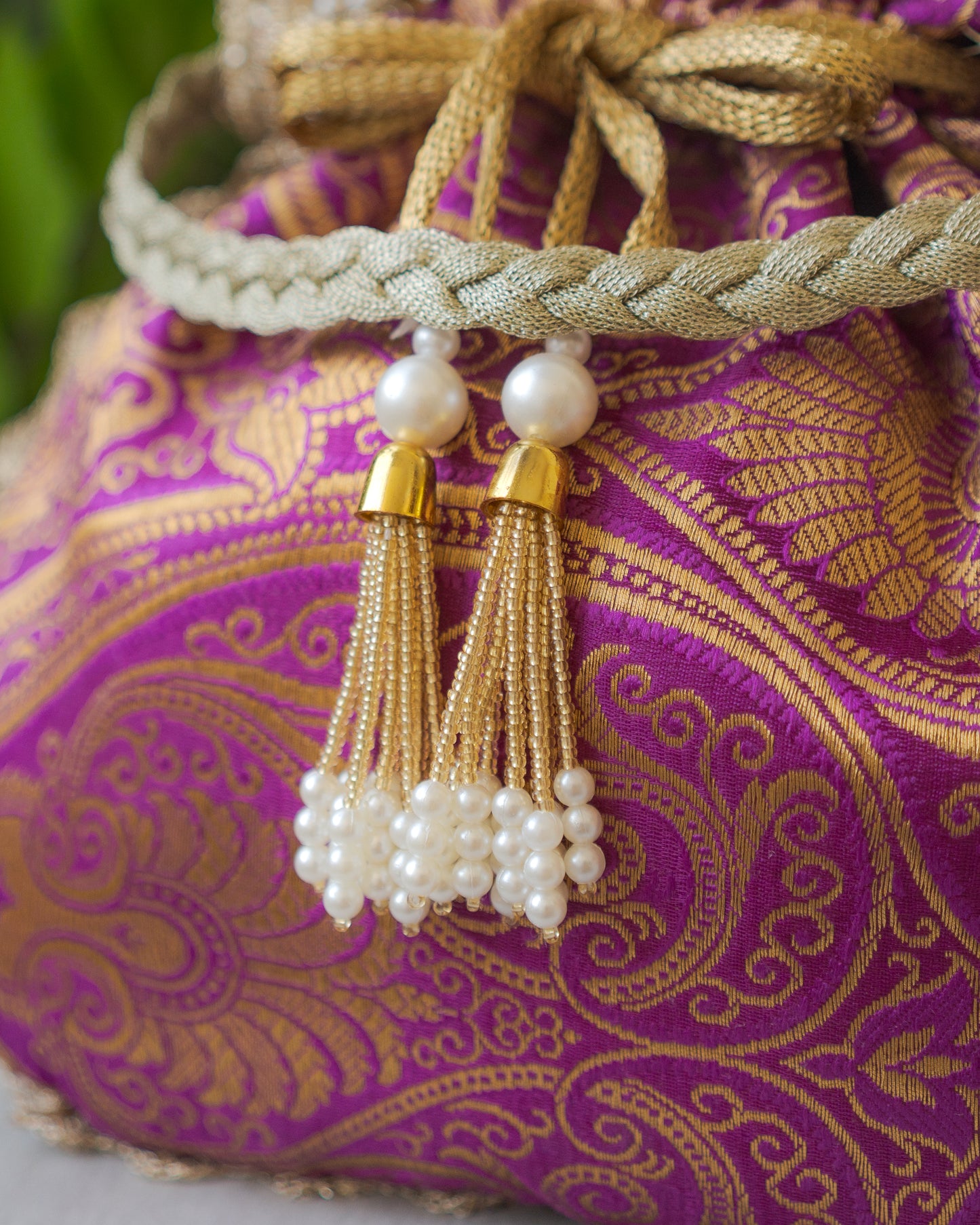 Purple & Golden Banarasi Potli With Pearl Tassels