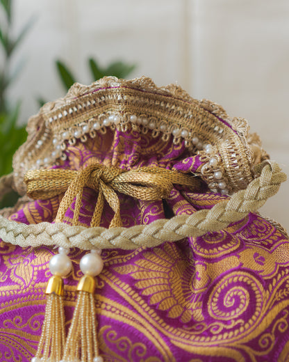 Purple & Golden Banarasi Potli With Pearl Tassels