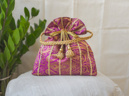 Purple & Golden Banarasi Potli With Glass Tassels