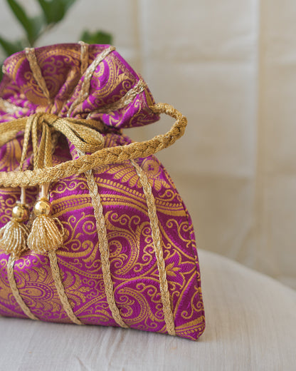 Purple & Golden Banarasi Potli With Glass Tassels