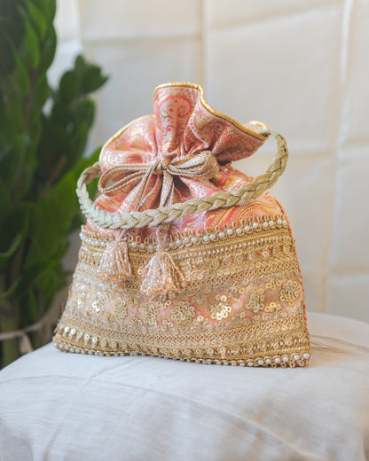 Peach Pink & Golden Banarasi Potli With Broad Sequin Pearl Lacework