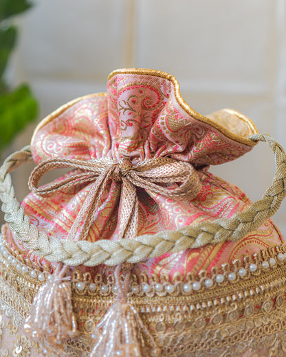 Peach Pink & Golden Banarasi Potli With Broad Sequin Pearl Lacework