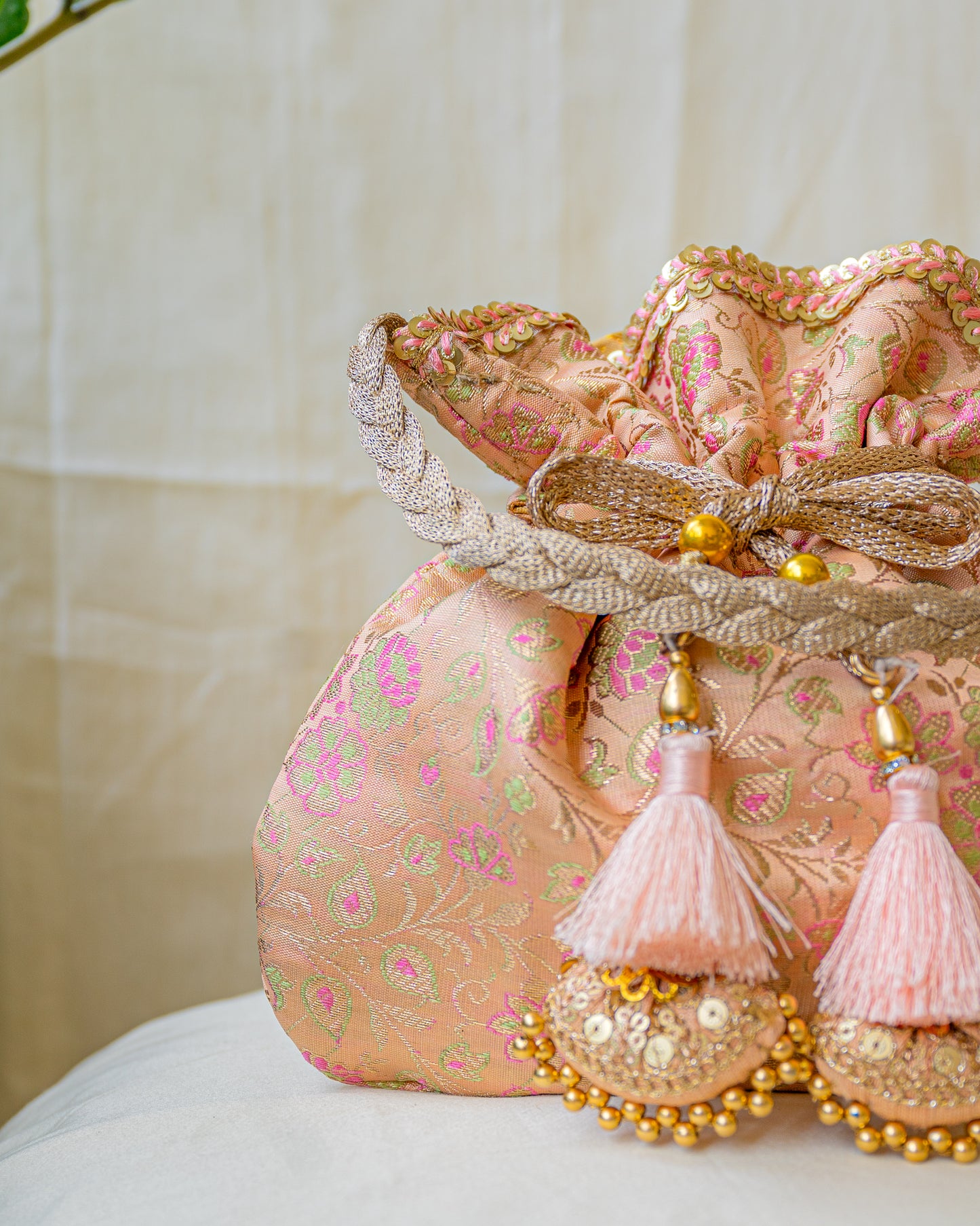 Peach Pink Banarasi Potli