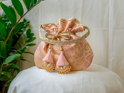 Peach Pink Banarasi Potli