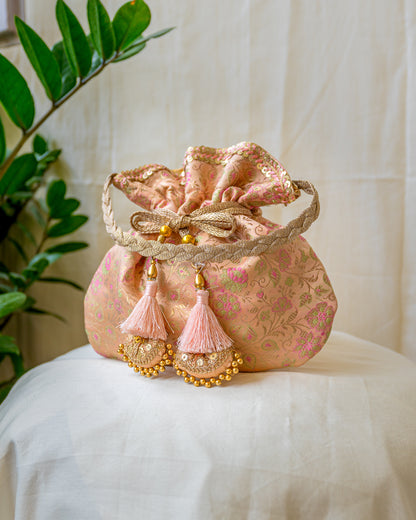 Peach Pink Banarasi Potli