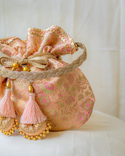 Peach Pink Banarasi Potli