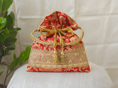 Red  & Golden Banarasi Potli With Golden Broad Lace