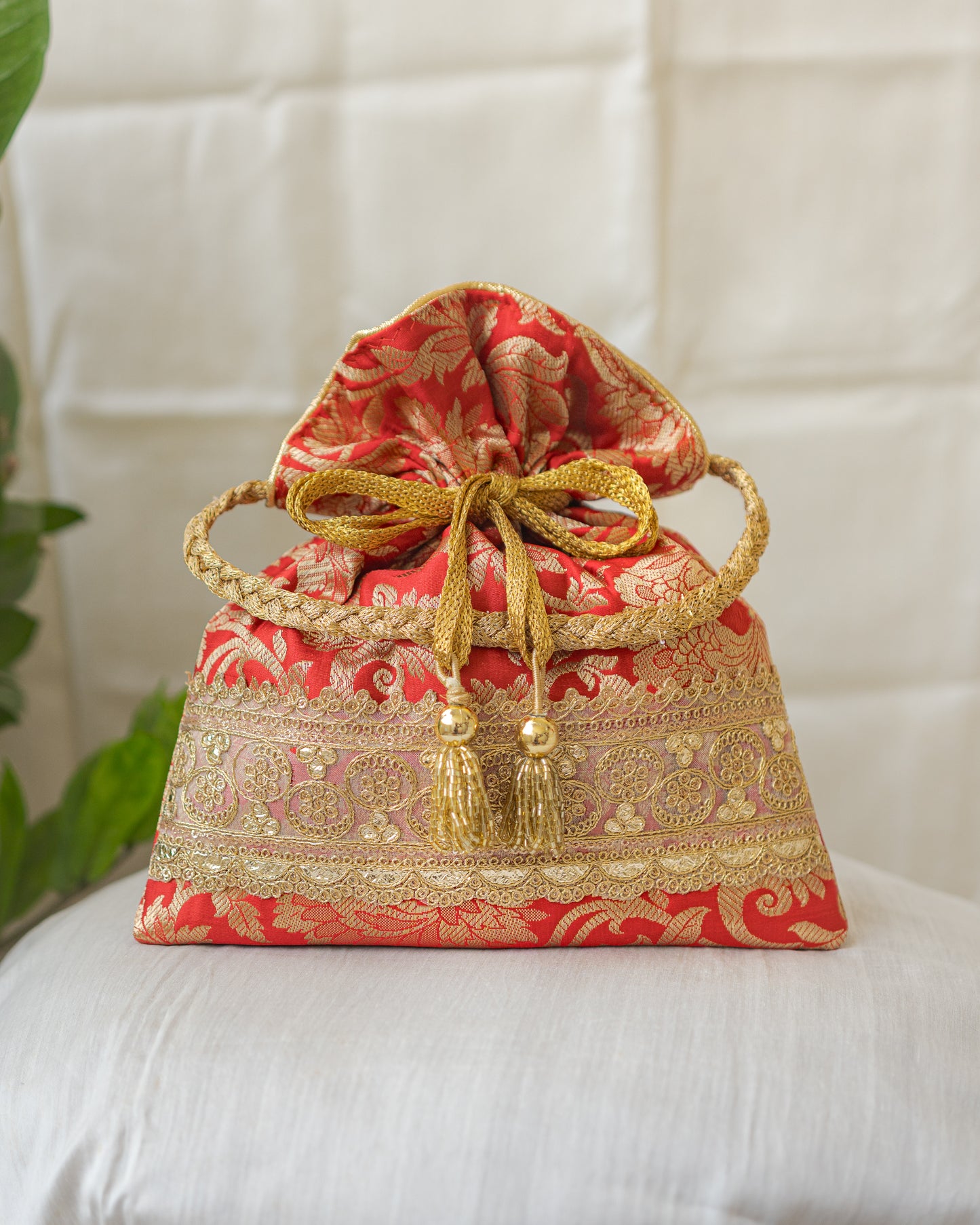 Red  & Golden Banarasi Potli With Golden Broad Lace
