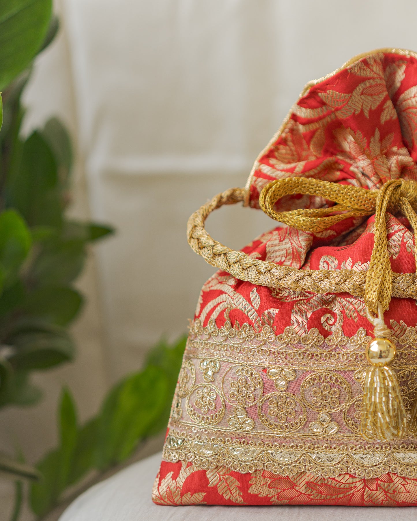 Red  & Golden Banarasi Potli With Golden Broad Lace