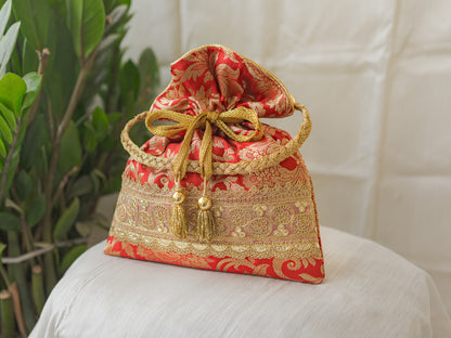 Red  & Golden Banarasi Potli With Golden Broad Lace