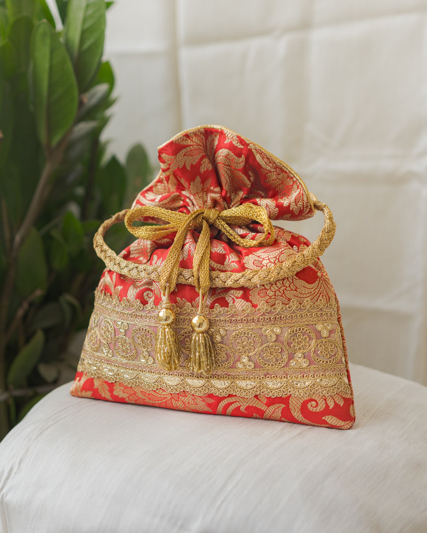 Red  & Golden Banarasi Potli With Golden Broad Lace