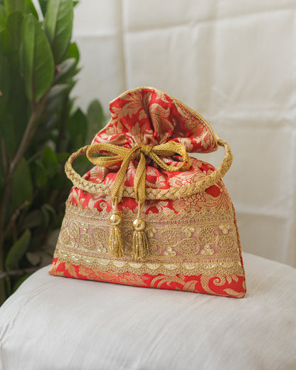 Red  & Golden Banarasi Potli With Golden Broad Lace