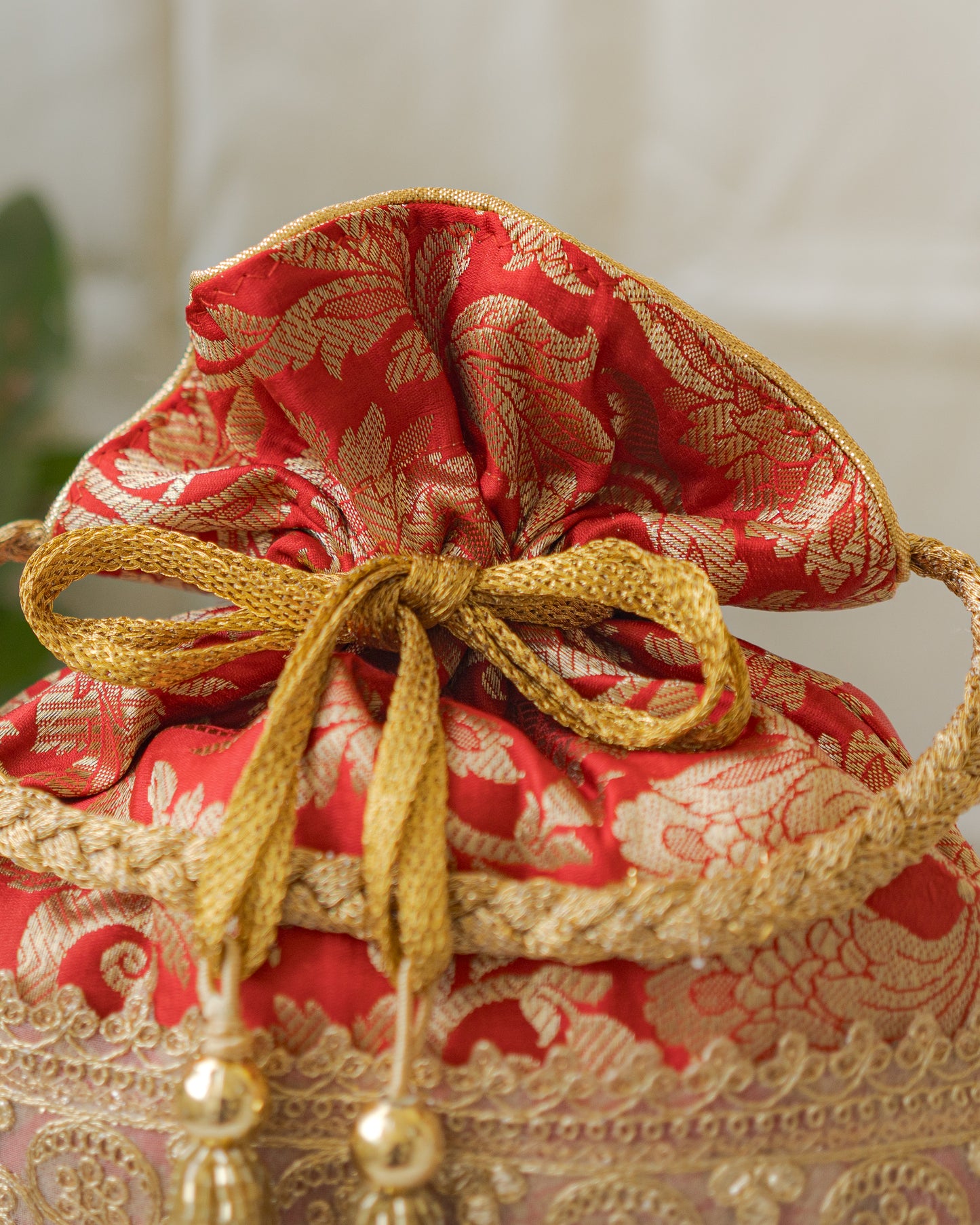 Red  & Golden Banarasi Potli With Golden Broad Lace