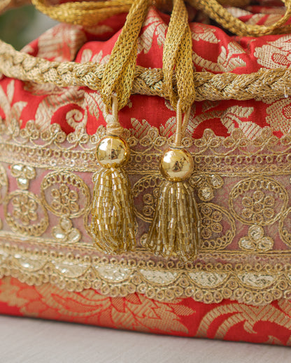 Red  & Golden Banarasi Potli With Golden Broad Lace