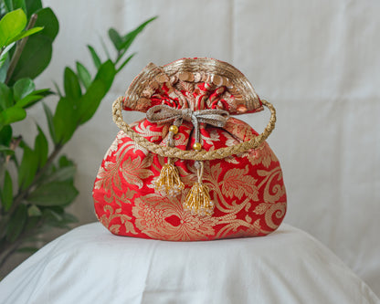 Red & Golden Banarasi Potli Bag