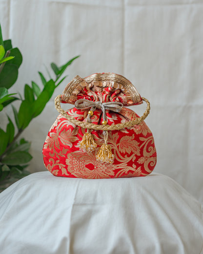 Red & Golden Banarasi Potli Bag