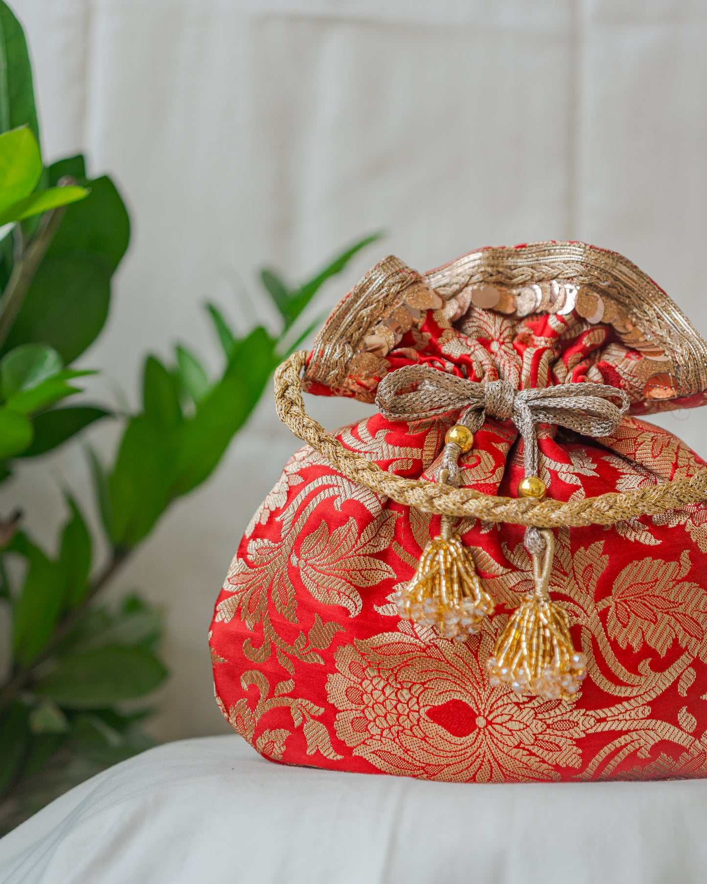 Red & Golden Banarasi Potli Bag